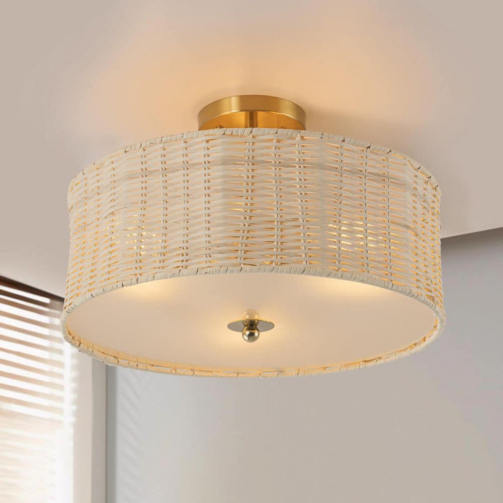 15.75 in. 3-Light Brass Woven Rattan Semi-Flush Mount Ceiling Light - Hercitys