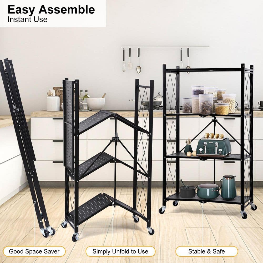 4-Tier Heavy Duty Foldable Metal Rack Storage Shelving Unit with Wheels for Garage Kitchen - Hercitys