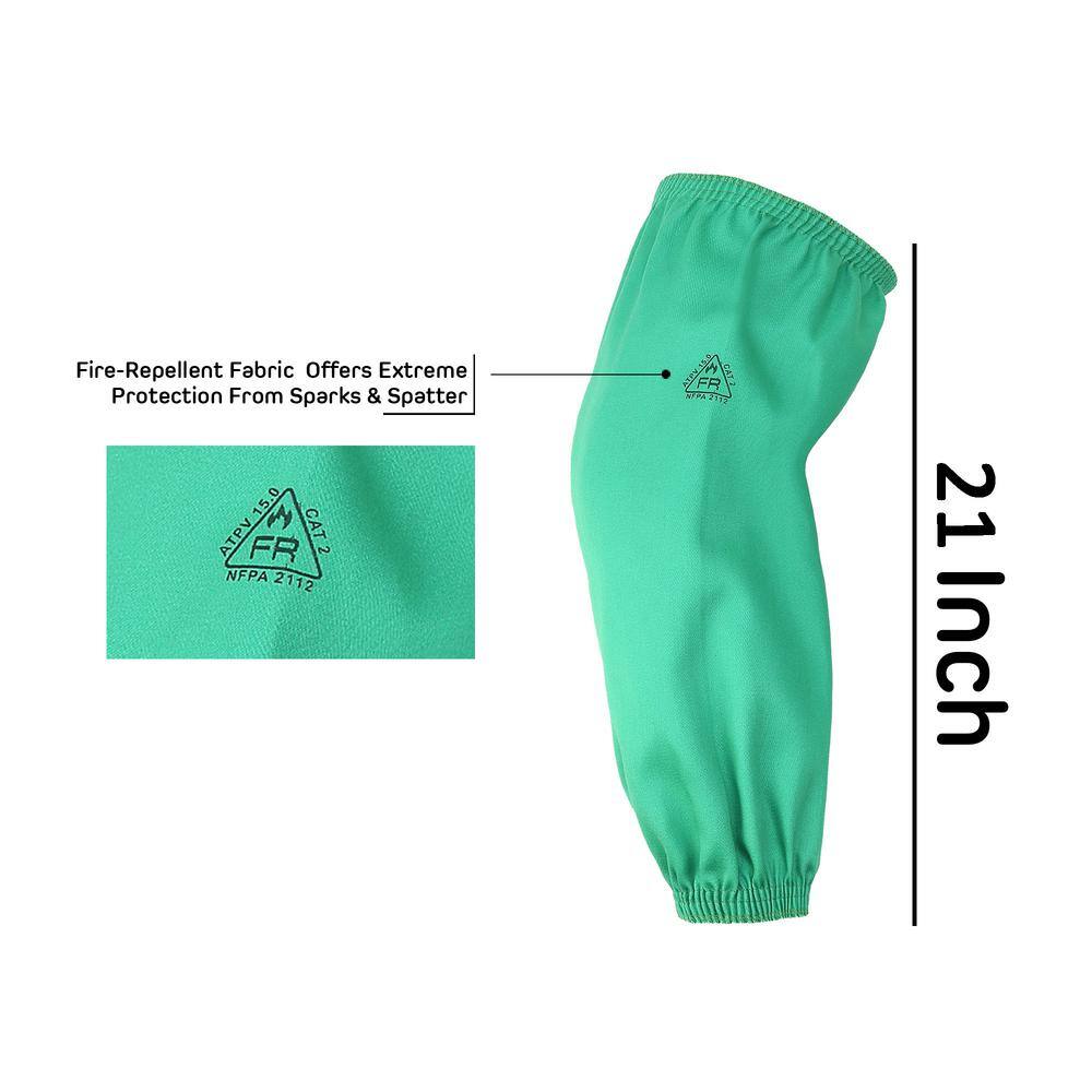 21 in. Extra Long High Visibility Green Flame-Resistant Cotton Welding Sleeves, FR Sleeves with Open Elastic - Hercitys