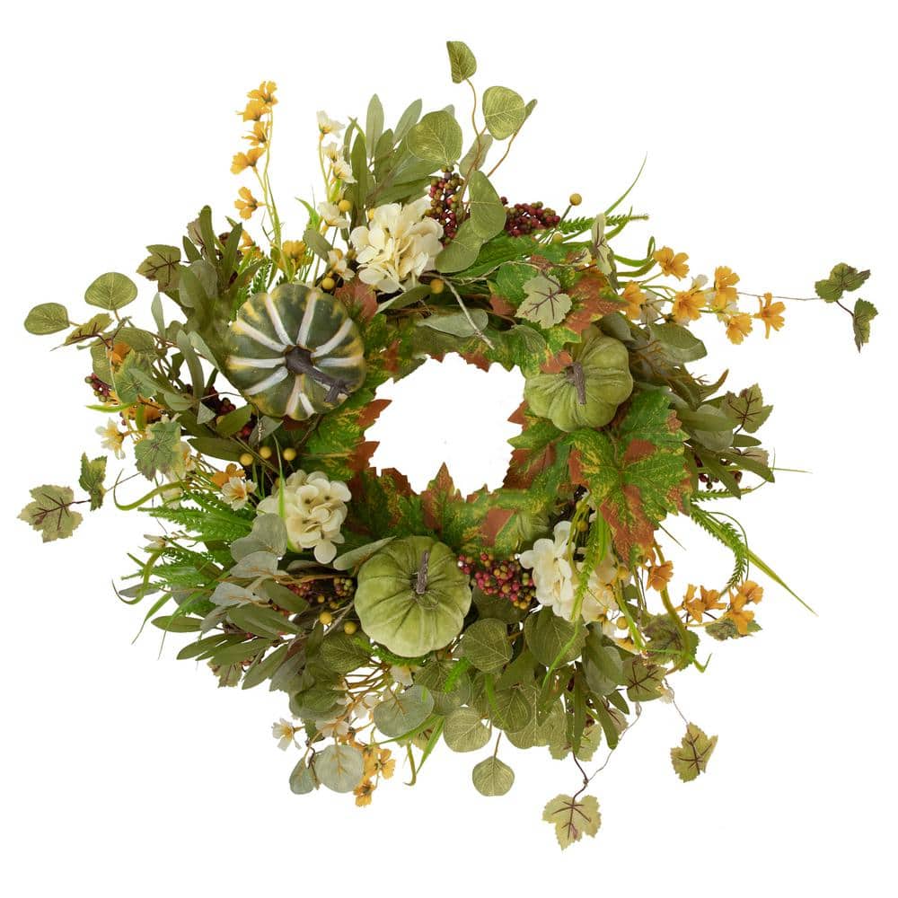 24 in. Unlit Pumpkins and Berries Artificial Fall Harvest Twig Wreath - Hercitys