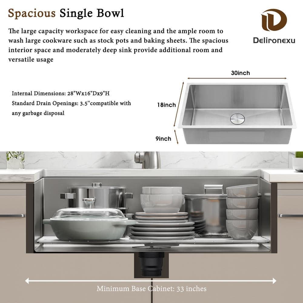 30 in. Undermount Kitchen Sink-Single Bowl 18 Gauge Stainless Steel with Strainer, Durable and Quiet Design - Hercitys