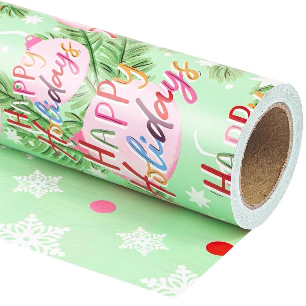 17 in. x 33 ft. Christmas Wrapping Paper, Green Happy Holiday Lettering Printed for Chrsitmas Holiday Party Celebration - Hercitys