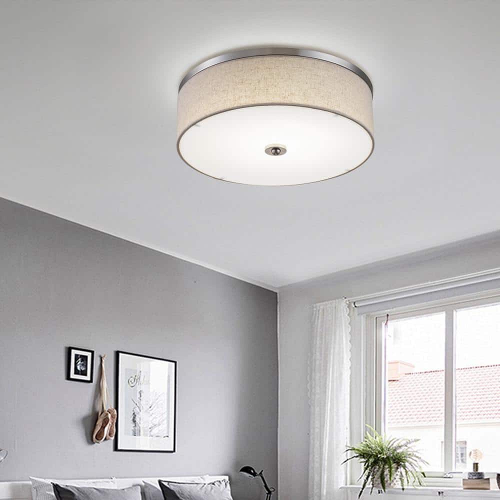 15 in. Brushed Nickel Dimmable 23-Watt Selectable LED Flush Mount Ceiling Light 3000K/4000K/5000K with Fabric Shade - Hercitys