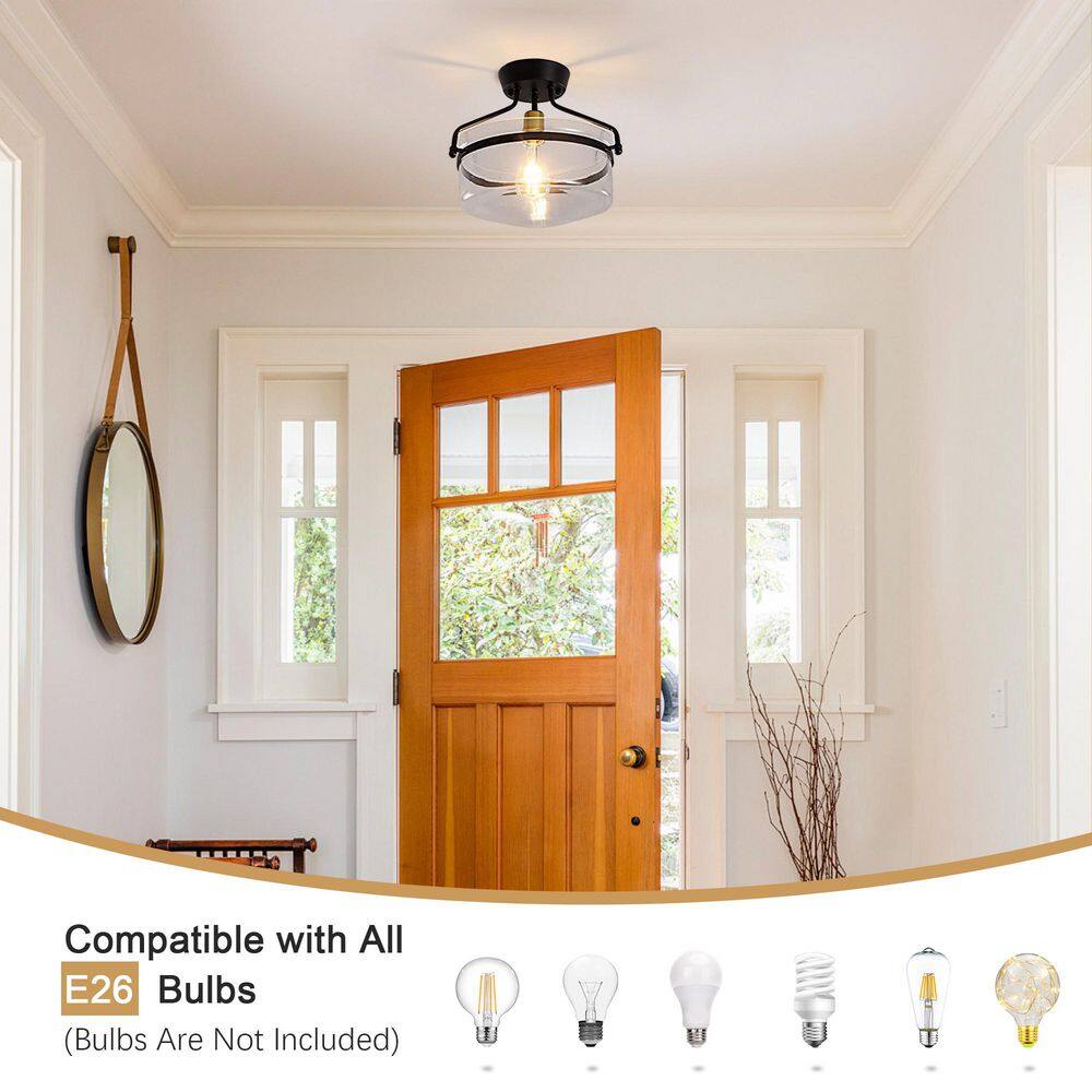 13.3 in. 1-Light Black Modern Semi-Flush Mount Ceiling Light with Glass Shade - Hercitys