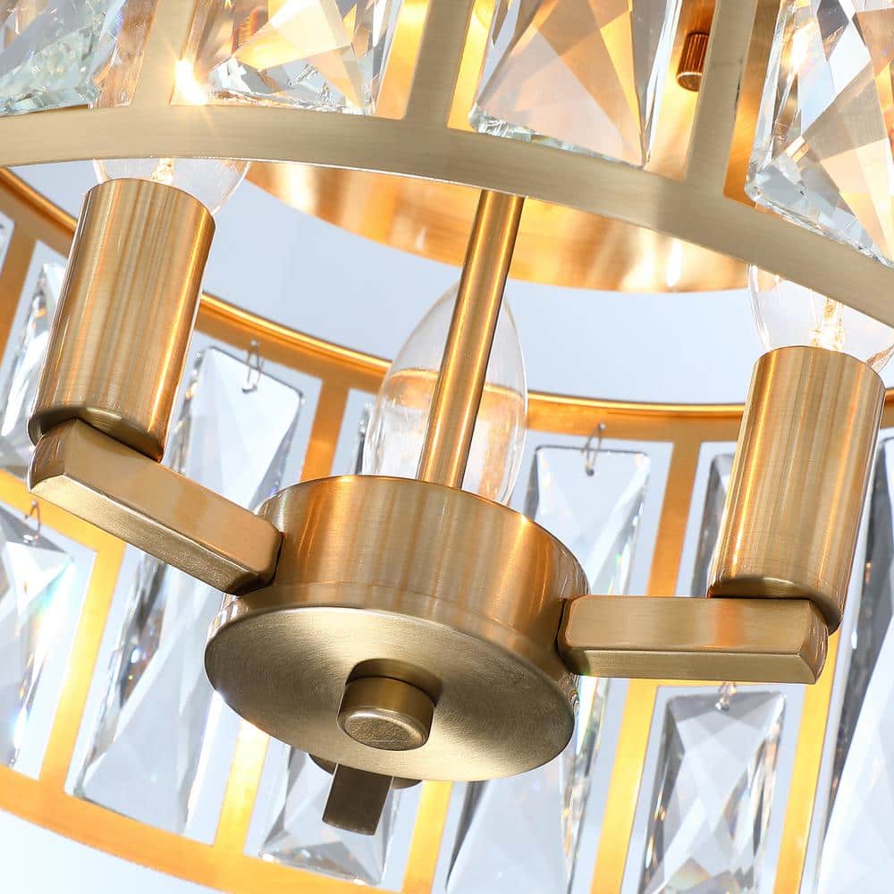12 in. 3-Light Round Modern Gold Drum Flush Mount Ceiling Light with Clear Crystal Shade - Hercitys