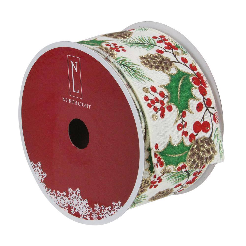 2.5 in. x 16 yds. Glitter Holly Berries and Pinecones Cream Wired Ribbon - Hercitys
