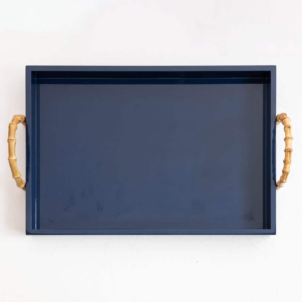 21.5 in. W x 4.6 in. H x 14.5 in. D Rectangle Navy Blue & Gold Finish Wide Wood Serving Tray with Bamboo Handles - Hercitys