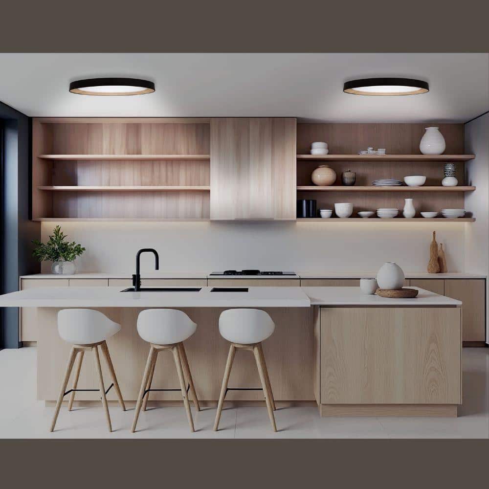 32 in. Matte Black White Oak Interior Oval LED Flush Mount Ceiling Light 3000 Lumens 42W Adjustable CCT Dimmable - Hercitys