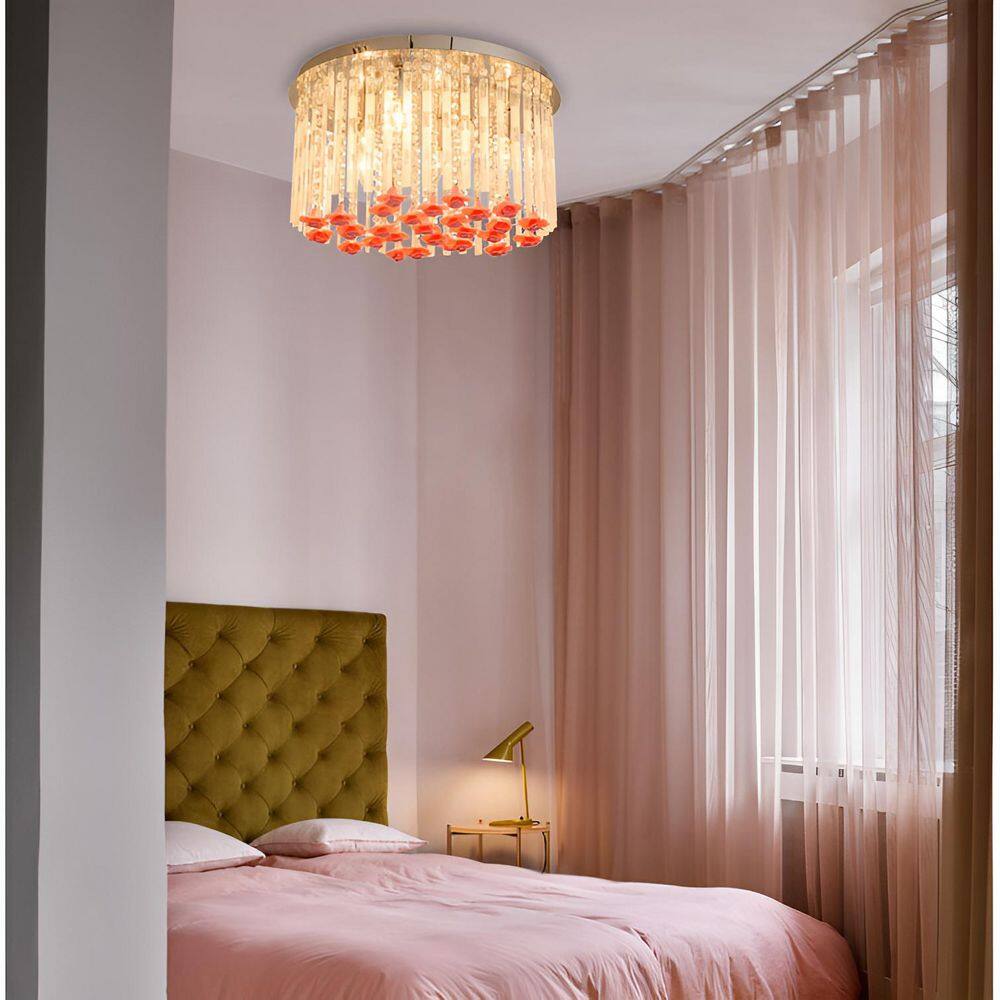 20 in. 7-Light Polished Chrome Flush Mount with Glass Tube Shade and Pink Flower Accents - Hercitys