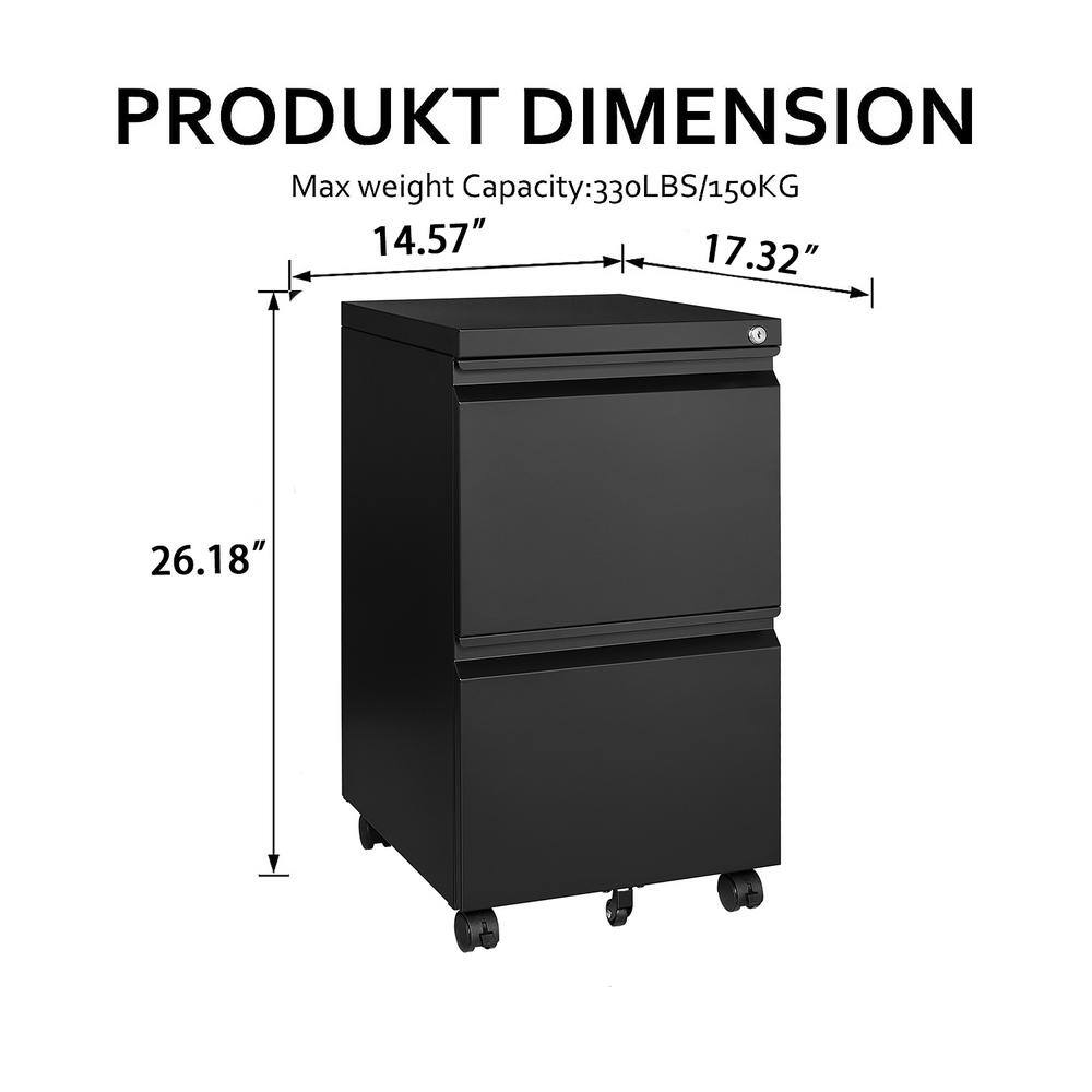 14.57 in. W x 26.18 in. H x 17.32 in. D Black Freestanding Cabinet 2 Drawer Mobile Filling Cabinet with Lock and Wheels - Hercitys