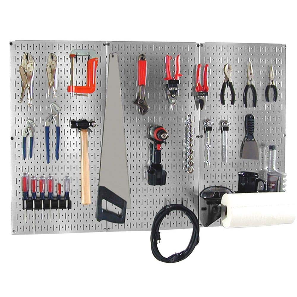 32 in. x 48 in. Shiny Metallic Galvanized Steel Pegboard Basic Tool Organizer Kit with Black Accessories - Hercitys