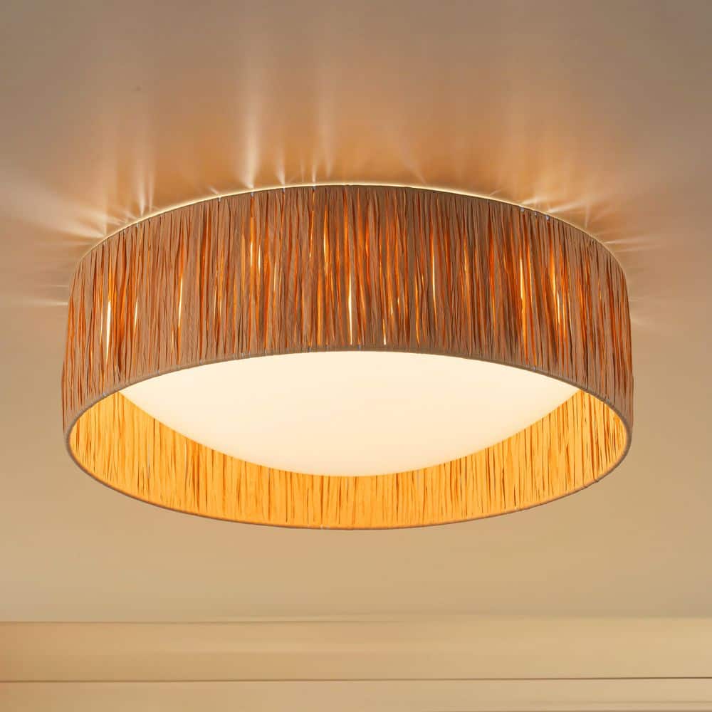14.25 in. Farmhouse 3CCT LED Flush Mount Ceiling Light with Paper Rope Shade - Hercitys
