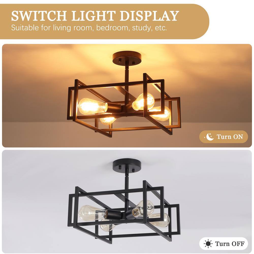 14.96 in. 4-Light Geometric Black Modern Semi-Flush Mount Ceiling Light with No Bulbs Included - Hercitys