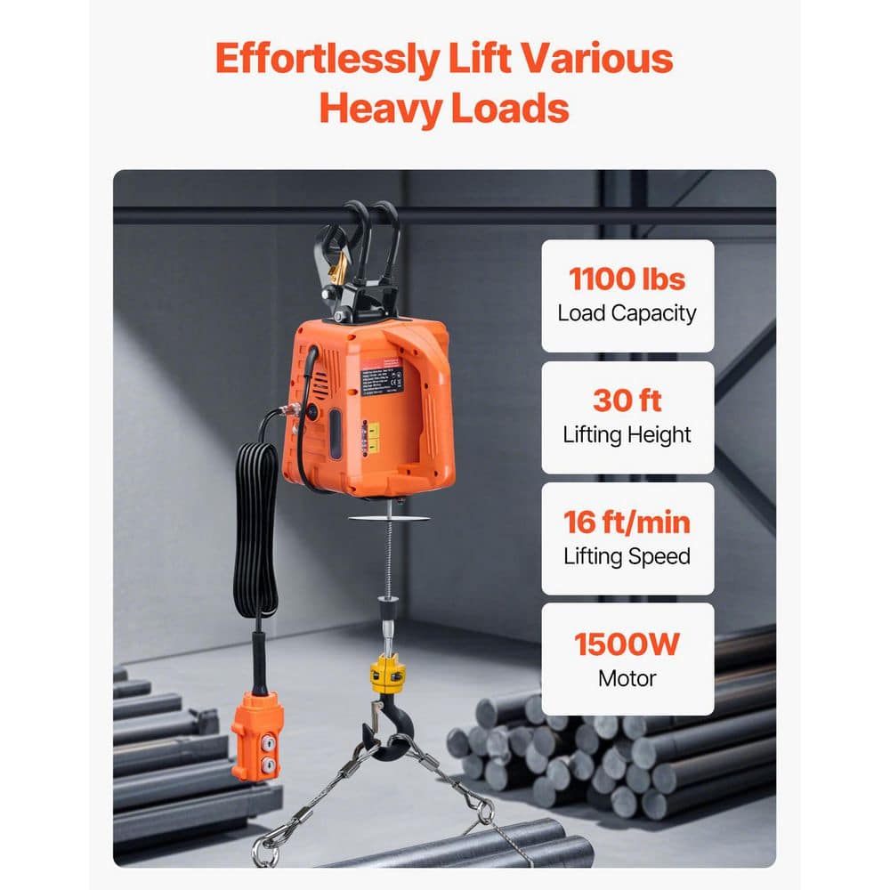 3-in-1 Electric Hoist Winch, 1100 lbs. Capacity, 1500W Portable Power Winch, 30 ft. Lifting Height, 16 ft. /min - Hercitys