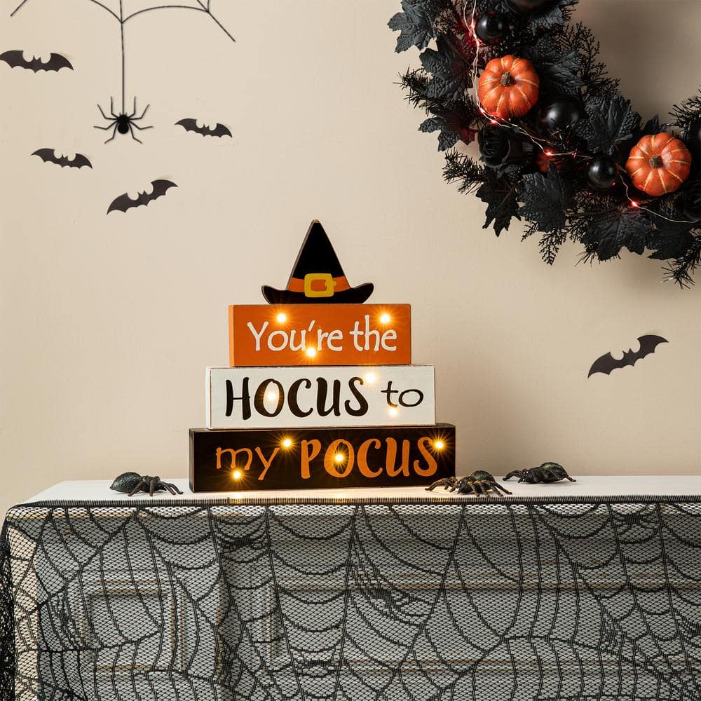 11.54 in. H Halloween Wooden Lighted Witch/Word Block Table Decor - Hercitys