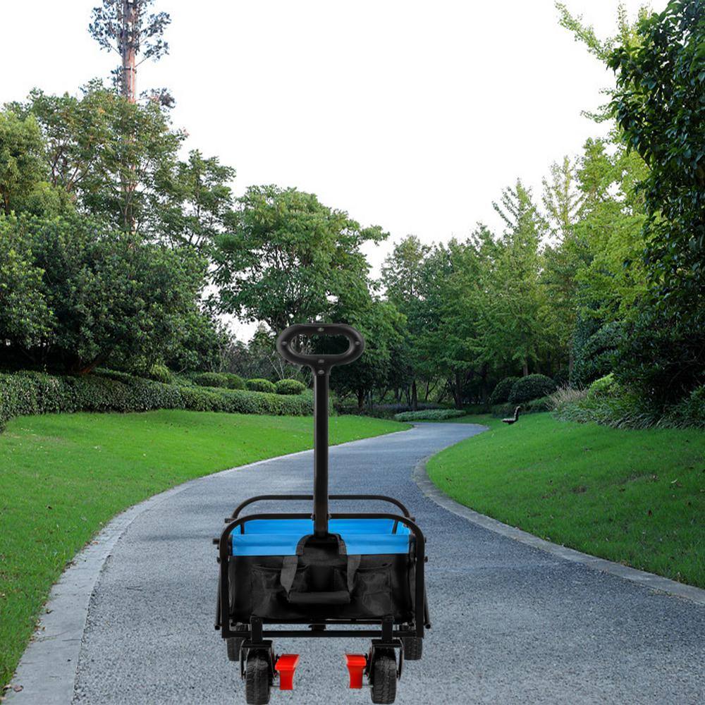 1.8 cu. ft. Blue Black Metal Mini Folding Garden Cart with Two Brakes and Tow Cup Holders - Hercitys