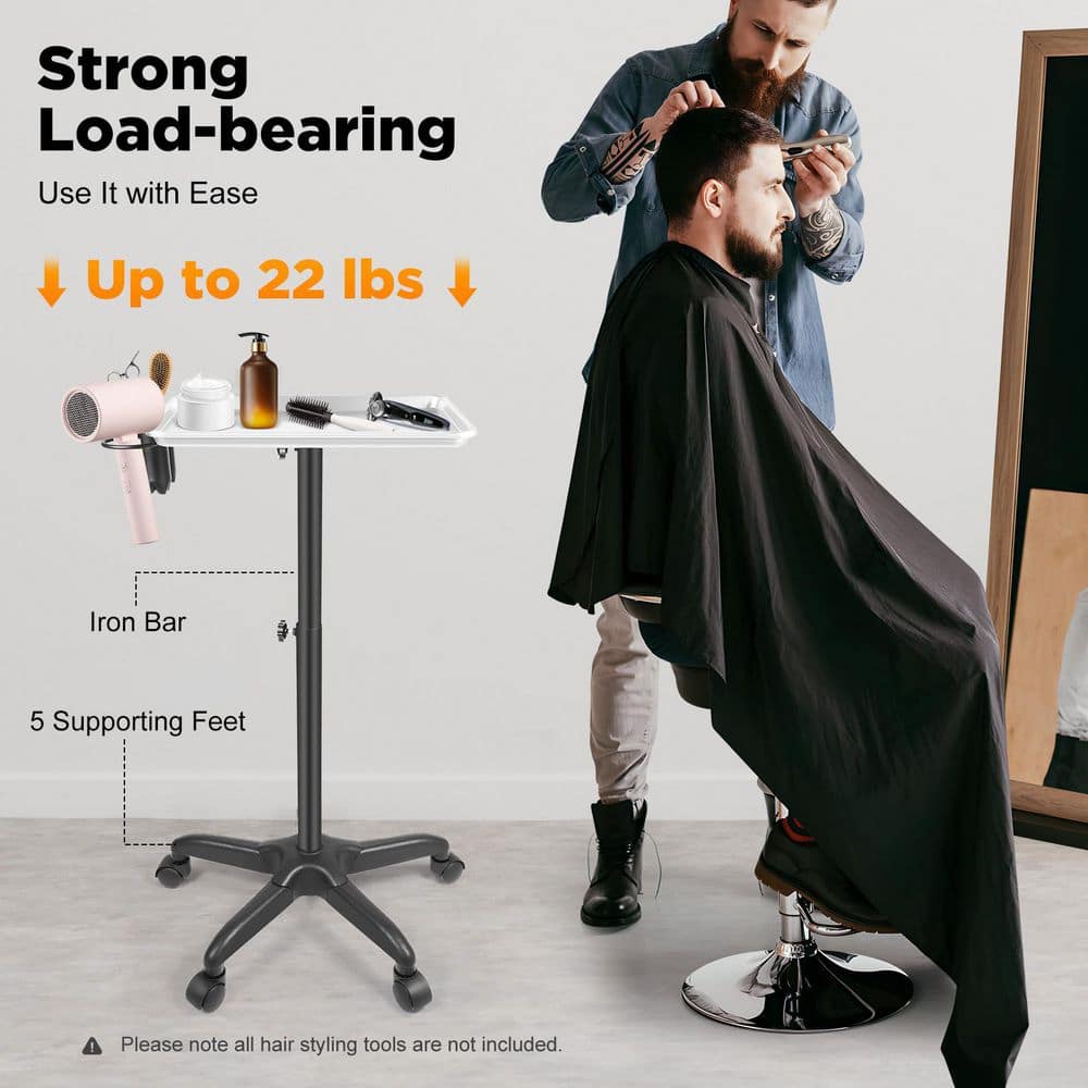 1-Tier Metal Height Adjustable 5-Wheeled Salon Tray in Silver - Hercitys