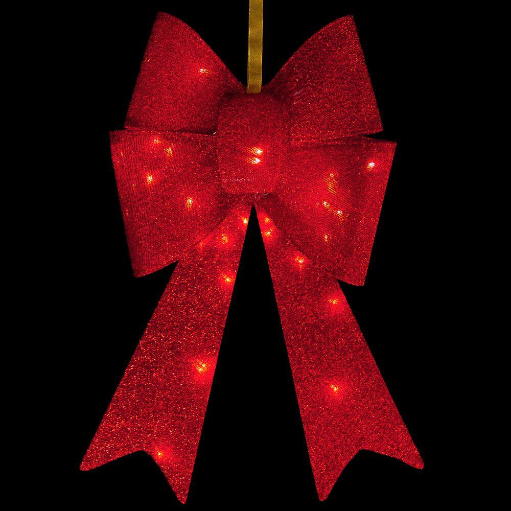 26 in. LED Lighted Red Tinsel Bow Christmas Decoration - Hercitys