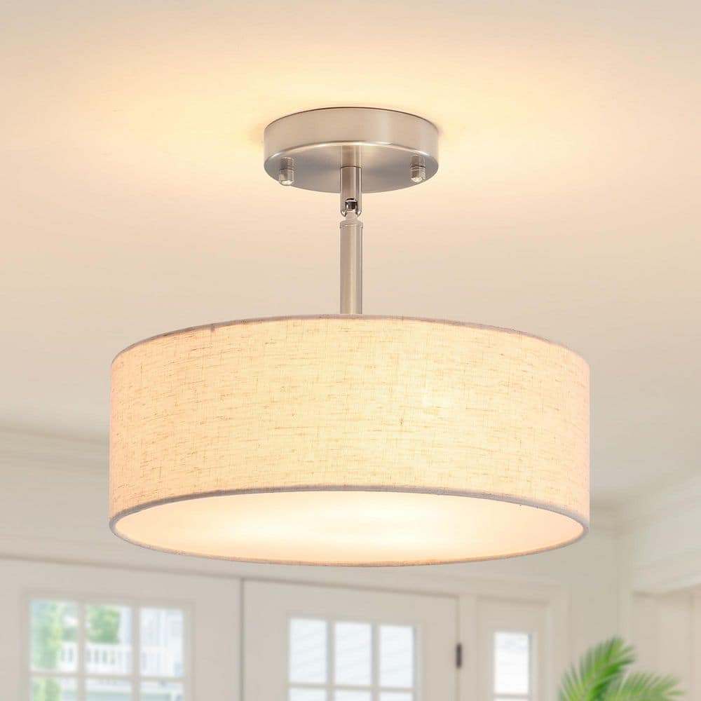 12.6 in. 3-Light Nickel Farmhouse Drum Semi-Flush Mount Light with Linen Cover - Hercitys