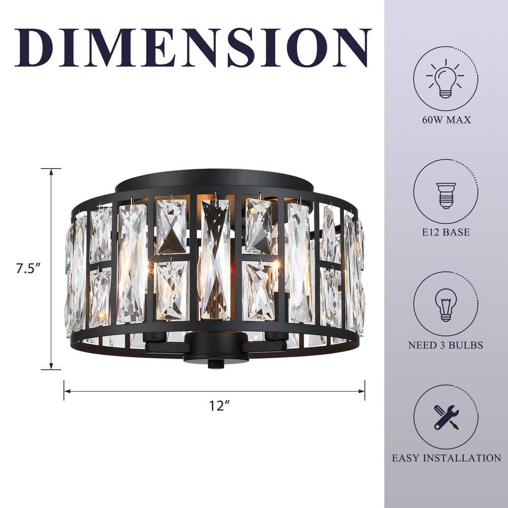12 in. 3-Light Round Modern Black Drum Flush Mount Ceiling Light with Clear Crystal Shade - Hercitys