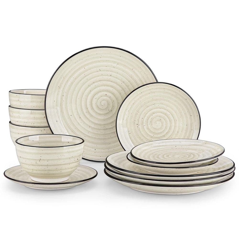 12-Piece Beige Stoneware Dinnerware Set (Service for 4) Tableware Set with Dinners Plate Dessert Plates and Cereal Bowls - Hercitys