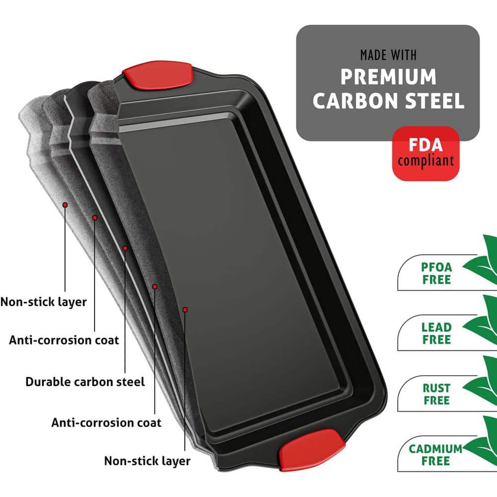 2-Piece Black Steel Nonstick Large and Medium Baking Cookie Sheet Set w/Silicone Handles - Hercitys