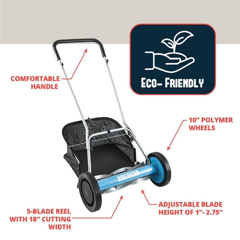 18 in. 5-Blade Manual Walk Behind Reel Lawn Mower Includes Grass Catcher - Hercitys