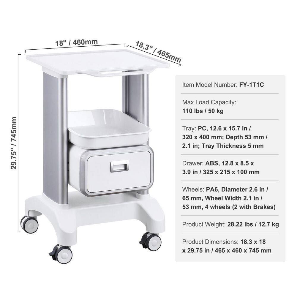 2-Tiers Lab Carts, White, Plastic, Kitchen Cart, with 1-Drawer and 1-Top Tray, Lab Rolling Cart, Mobile Medical Cart - Hercitys