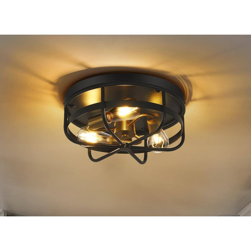 13.8 in. 3-Light Matte Black Flush Mount with Metal Shade and No Bulbs Included - Hercitys