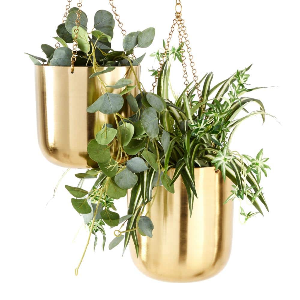 11in. Medium Gold Metal Indoor Outdoor Hanging Dome Wall Planter with Chain (2- Pack) - Hercitys