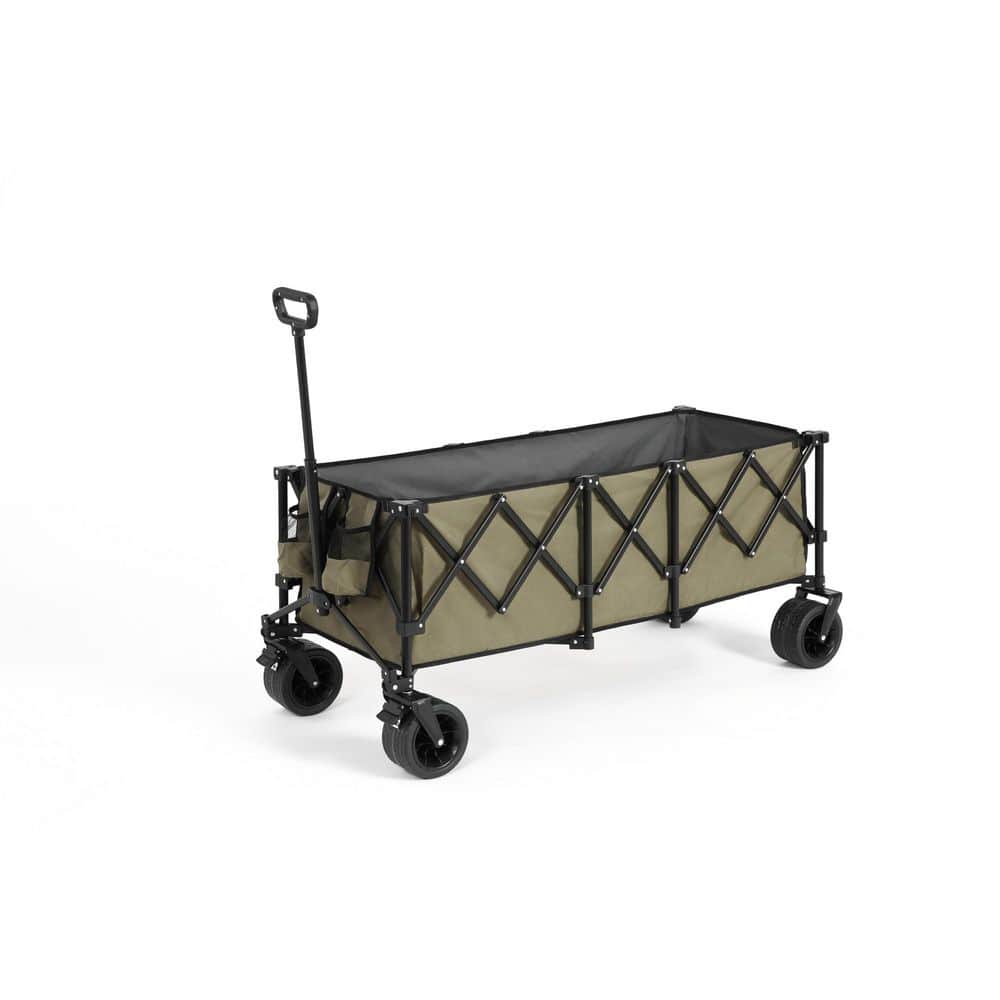 16 cu. ft. Steel Garden Cart, Foldable Extended Wagon with 220lbs Capacity, Big All-Terrain Wheel&Drink Holder in Green - Hercitys