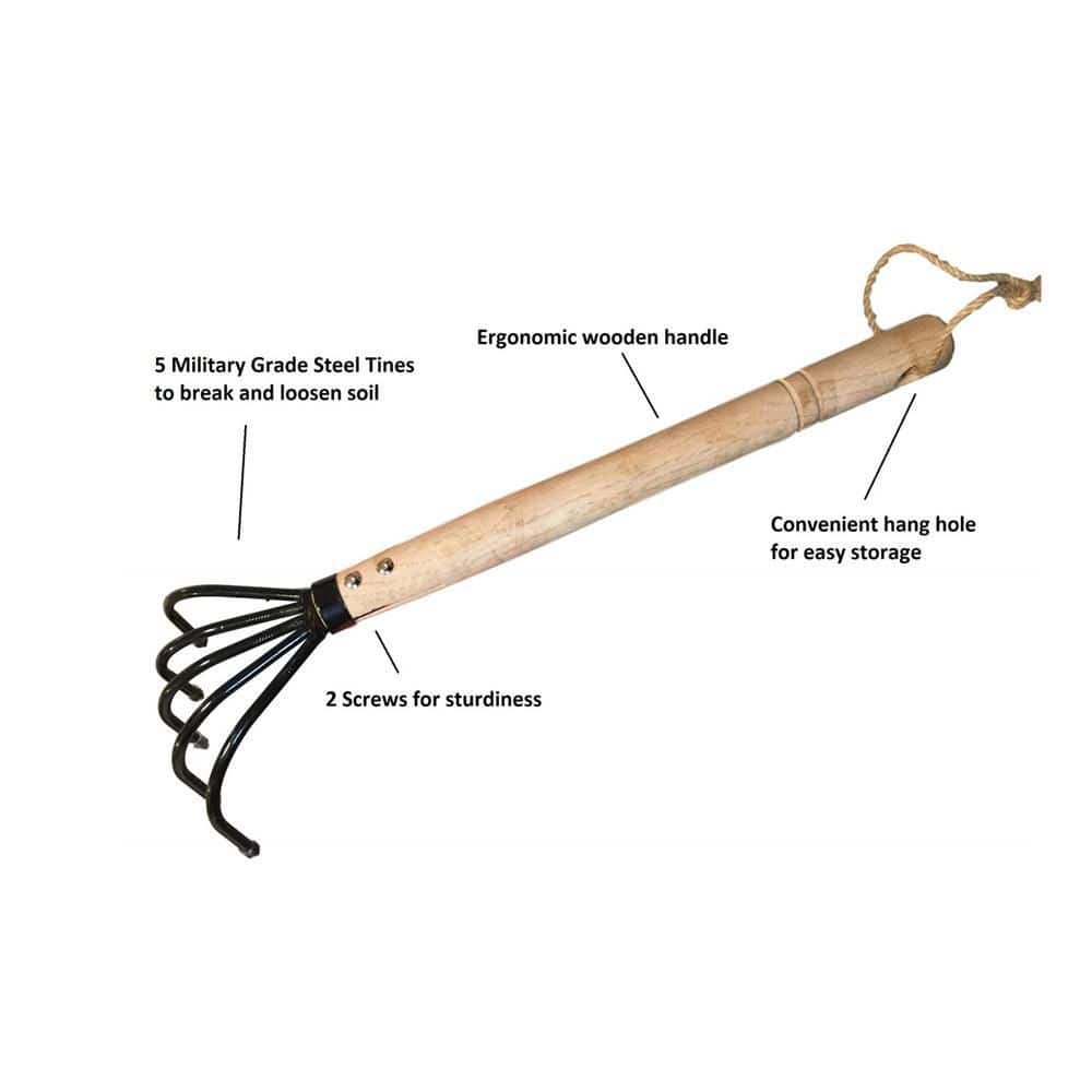 15 in. 5-Tine Rust Resistant Hand Rake Hand Cultivator with Claw Soil Tiller - Hercitys