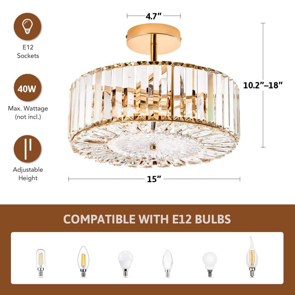 15 in. 4-Light Gold Crystal Semi Flush Mount Ceiling Light With Clear Glass Shade - Hercitys