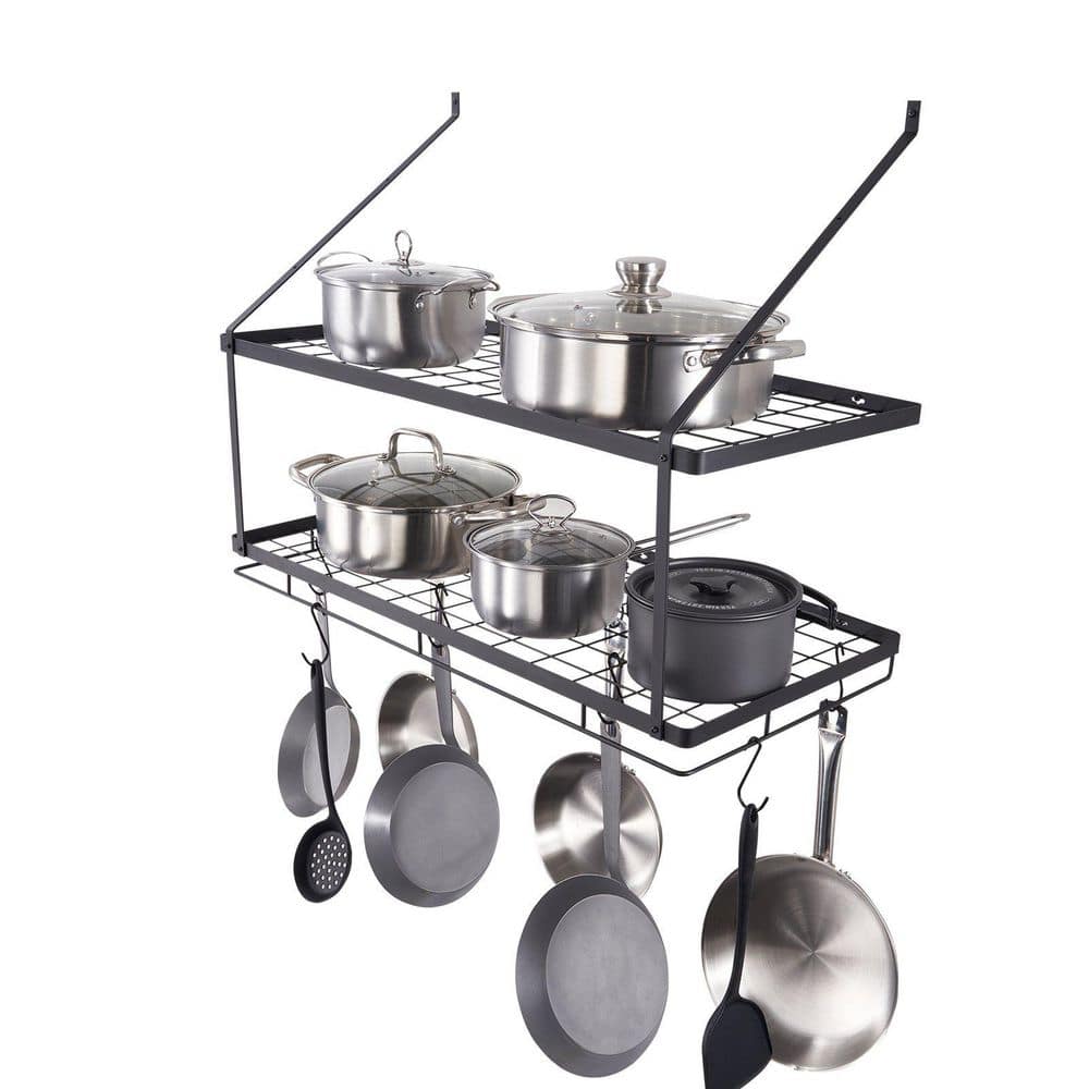 30 in. Black Wall Mounted Pot Rack with 12 S Hooks, 2-Tier Pot and Pan Hanging Rack - Hercitys