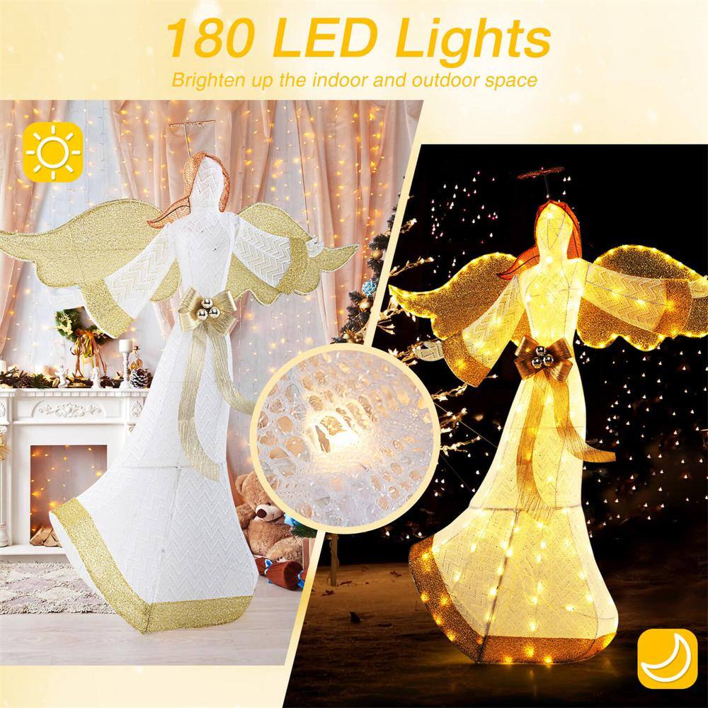 5.2 ft. White Fabric Christmas Lighted Angel with Halo & Bow Zip Ties and Ground Stakes 180 LED Lights - Hercitys