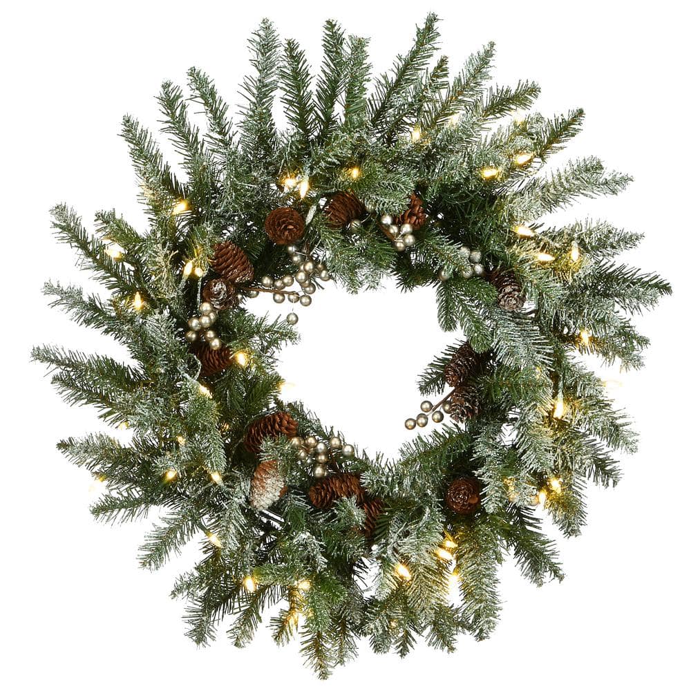 24 in. Snowy Morgan Spruce LED Artificial Christmas Wreath with Twinkly Lights - Hercitys
