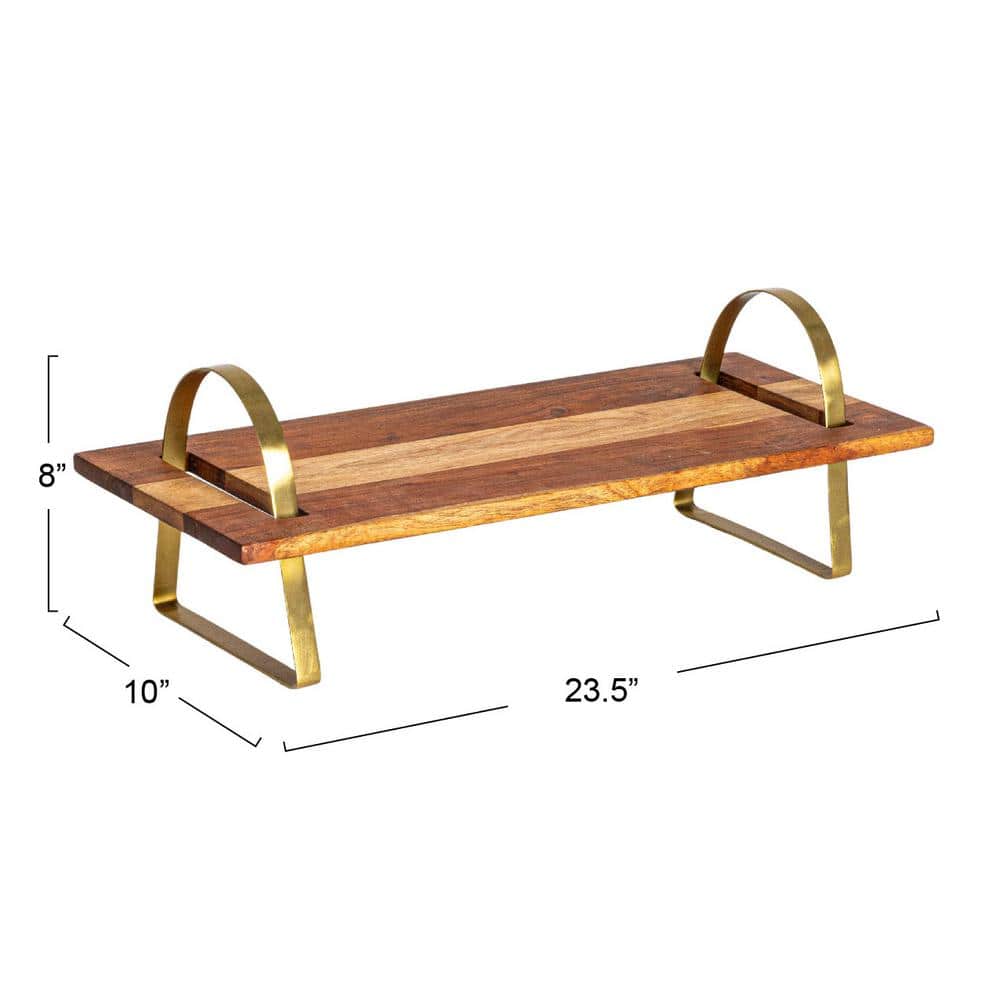 23.5 in. W x 7.9 in. H x 9.9 in. D Rectangle Gold Acacia Wood Serving Tray On Stand (Set of 1) - Hercitys