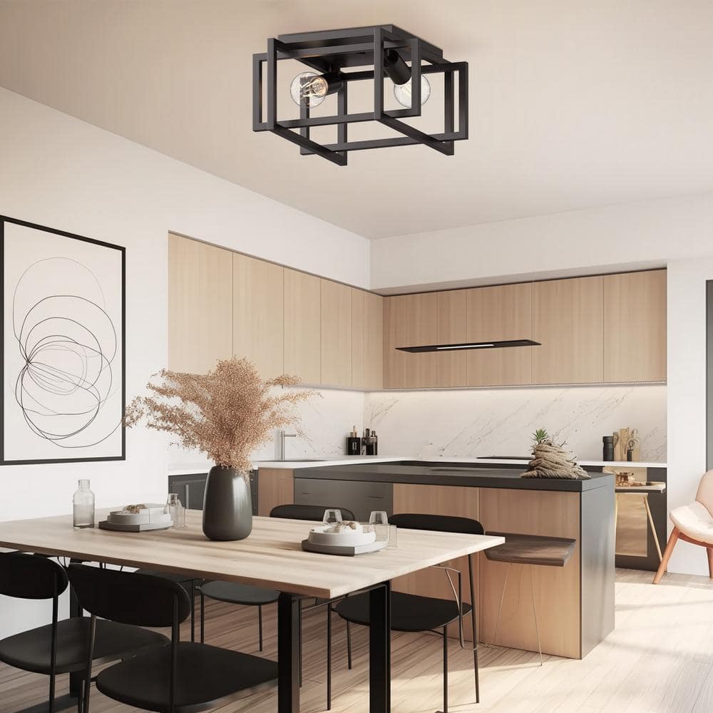 11.5 in. 2-Light Matte Black Square Frame Flush Mount Ceiling Light Fixture, Hallway Light Fixtures Ceiling - Hercitys