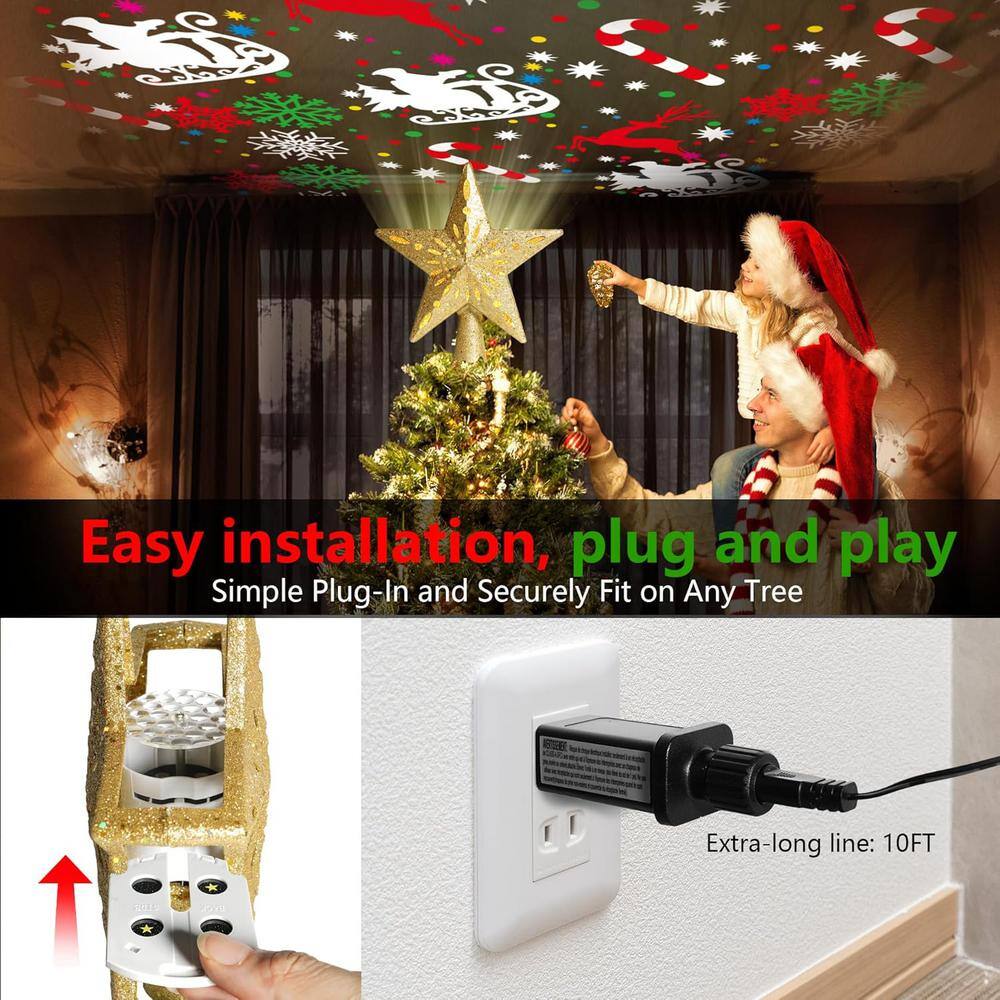 2.56 in. Christmas Tree Topper Light with 360 Rotating Projection, 6-Patterns and Adjustable Projection Range in Gold - Hercitys