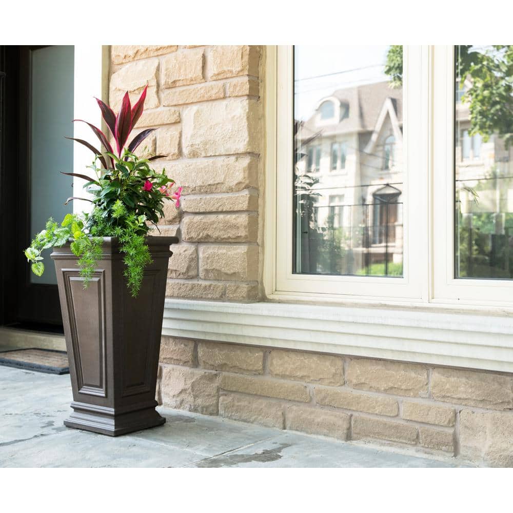 27 in. H x 14 in. W Brownstone Tall Square Taper Covington Polyethylene Plastic Self-Watering Planter - Hercitys