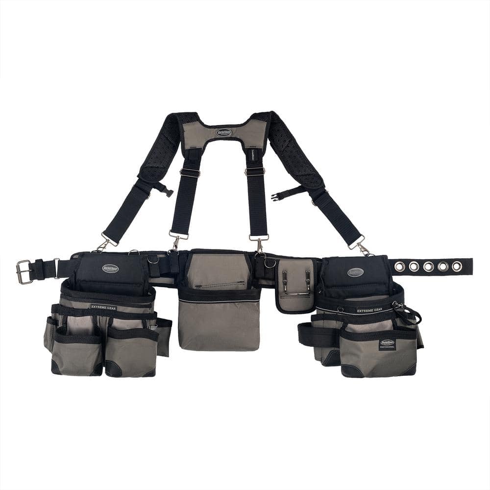 3-Bag Mullet Buster Adjustable Tool Belt Tool Storage Suspension Rig with Suspenders and 29-Pockets in Grey - Hercitys