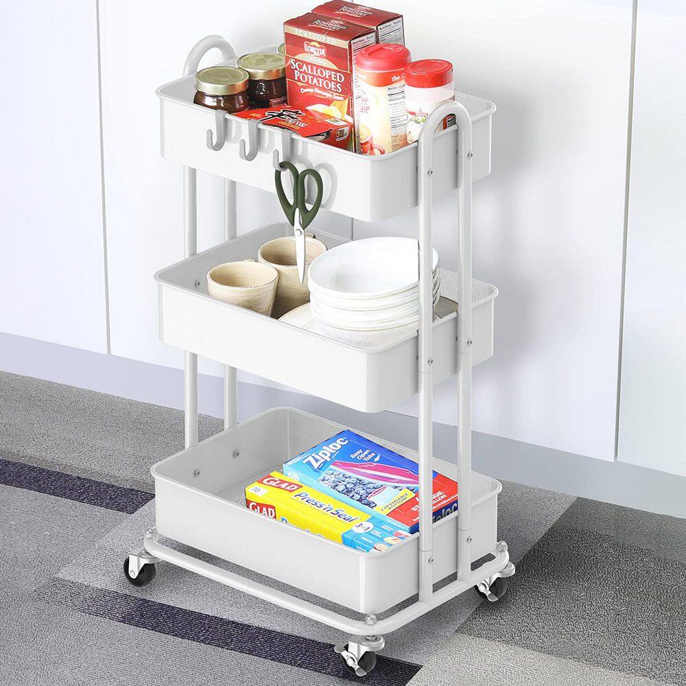 3-Tier Metal -Wheeled Utility Cart in White - Hercitys