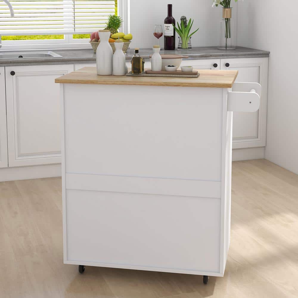 32.68 in. W Kitchen Cart in White with Solid Rubberwood Countertop - Hercitys