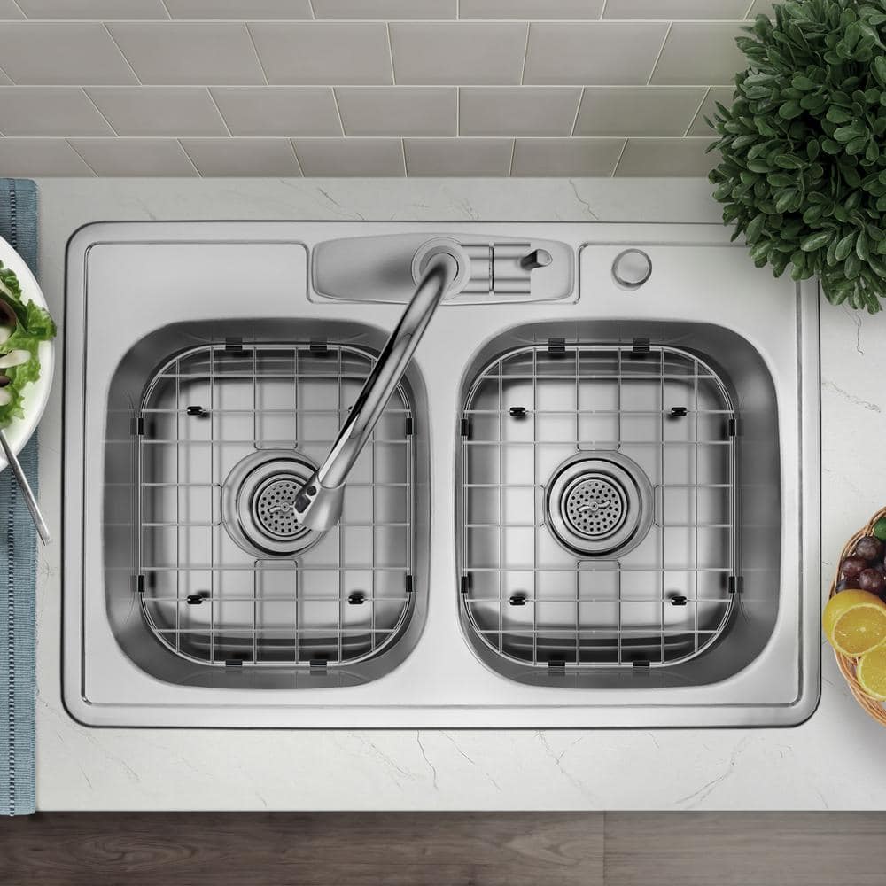 33 in. Drop-In Double Bowl 50/50-20-Gauge Stainless Steel Kitchen Sink with Bottom Grids - Hercitys