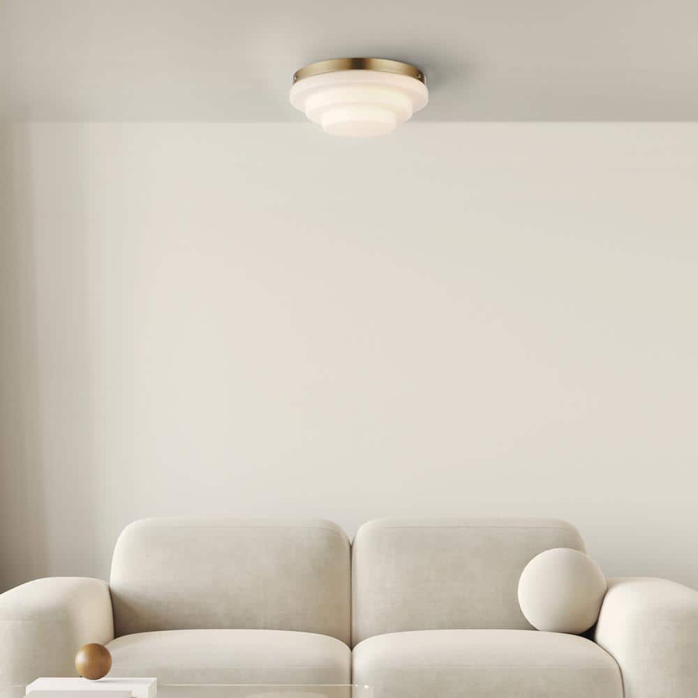11.81 in. 2-Light Matte Brass Flush Mount Ceiling Light with Tiered Milk Glass Shade - Hercitys