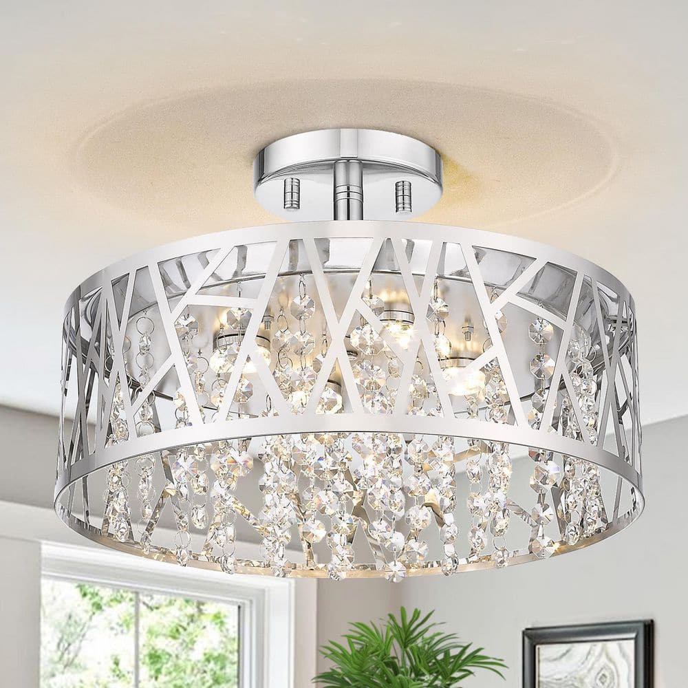 13.78 in. 1-Light Modern Chrome Round Dimmable LED Semi-Flush Mount Ceiling Light with Beaded Drum Crystal Shade - Hercitys