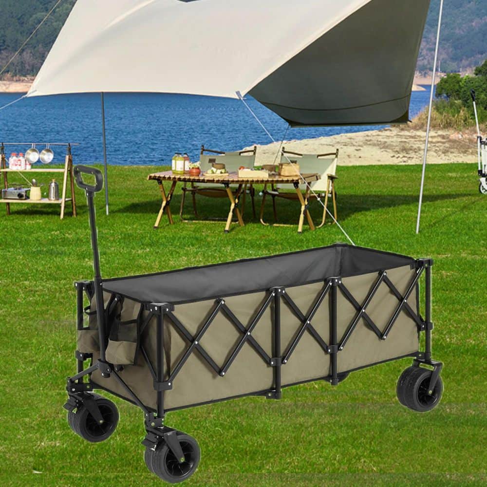 16 cu. ft. Steel Garden Cart, Foldable Extended Wagon with 220lbs Capacity, Big All-Terrain Wheel&Drink Holder in Green - Hercitys