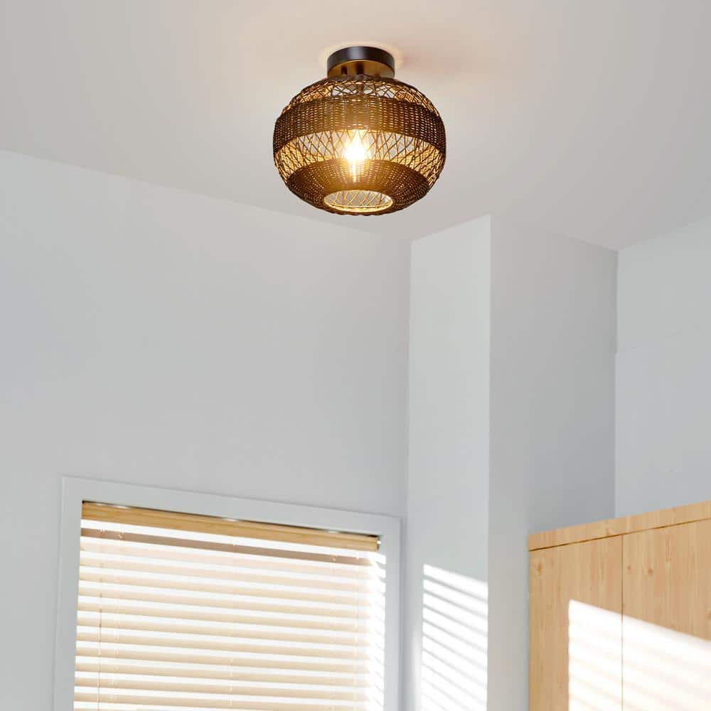 12 in. 1-Light Matte Black Farmhouse Semi-Flush Mount with Rattan Shade and No Bulbs Included - Hercitys