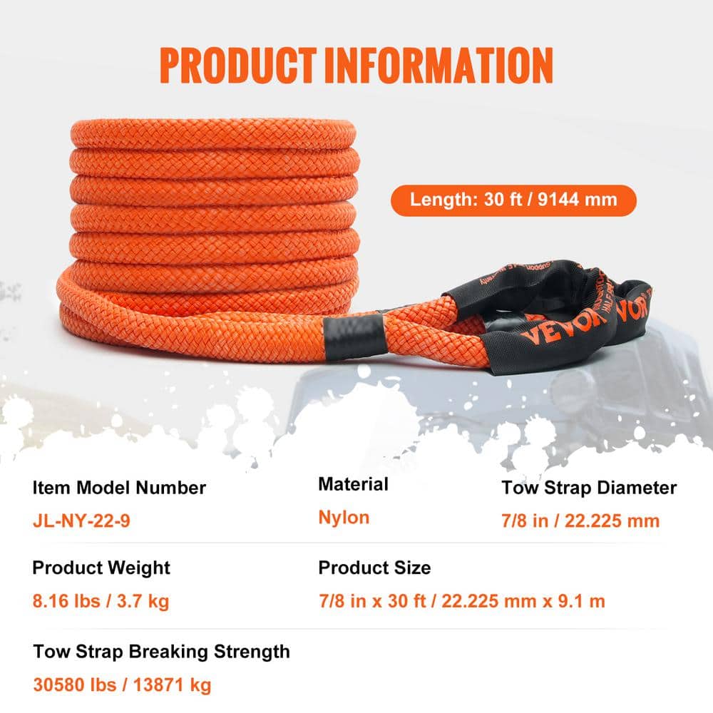 30 in. Recovery Tow Rope 30,580 lbs. Winch Strap Heavy-Duty Off Road Snatch Strap with 2 Shackles Energy Snatch Strap - Hercitys