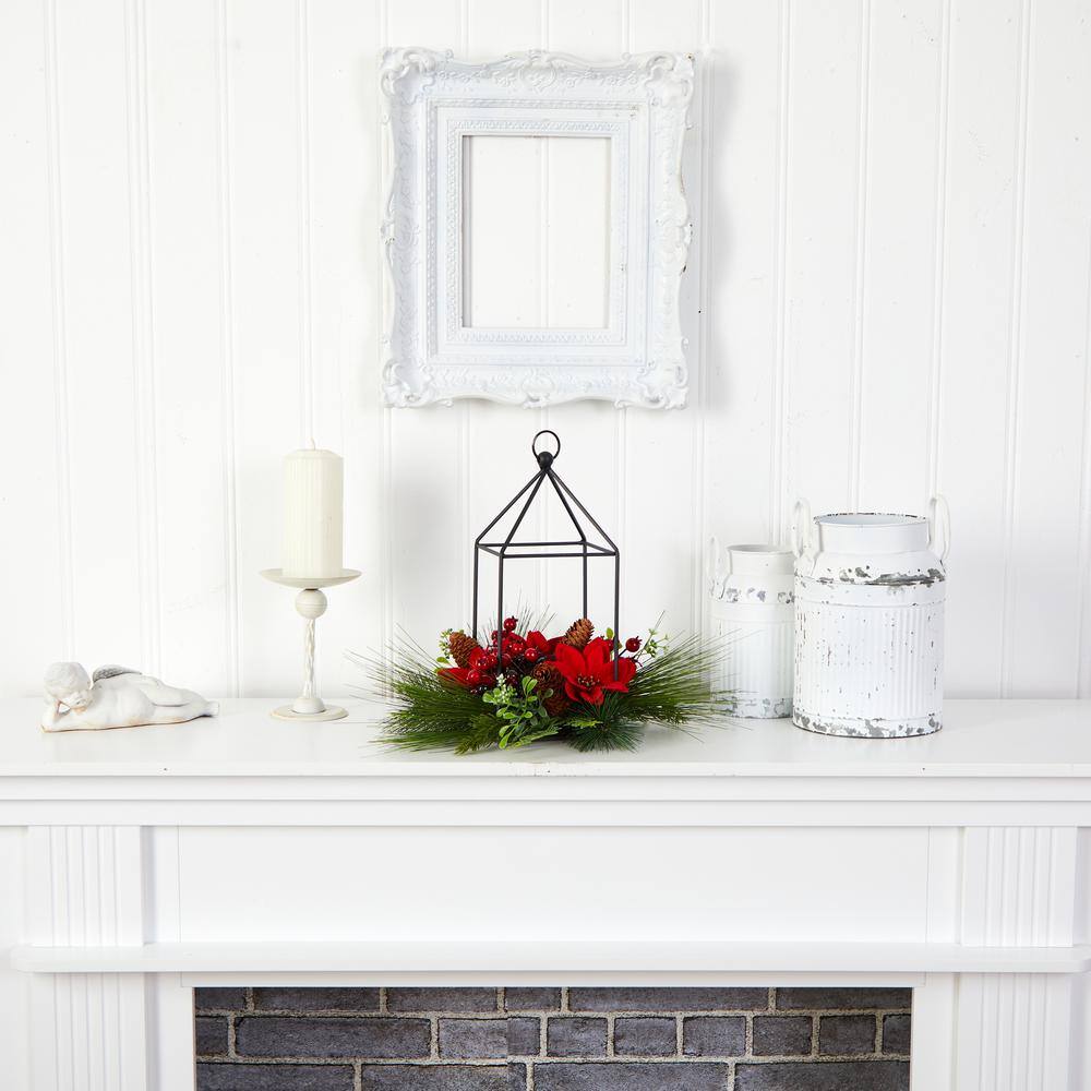 14 in. Unlit Christmas Poinsettia, Berry and Pinecone Metal Candle Holder Christmas Artificial Table Arrangement - Hercitys